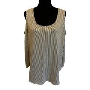 Queen Bees Womens Top‎ Size 2X Cold Shoulder Ribbed Knit Olive Green Stripe NEW